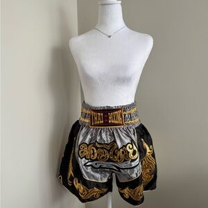 Thai Boxing Gold & Black Satin Muay Thai Shorts